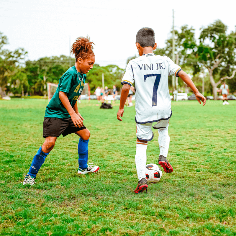 Boys at overnight sports camp during a soccer scrimmage