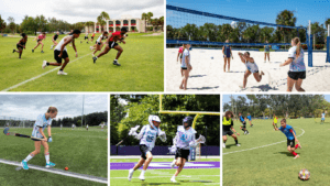 Overnight flag football, volleyball, soccer, lacrosse, and field hockey collage.