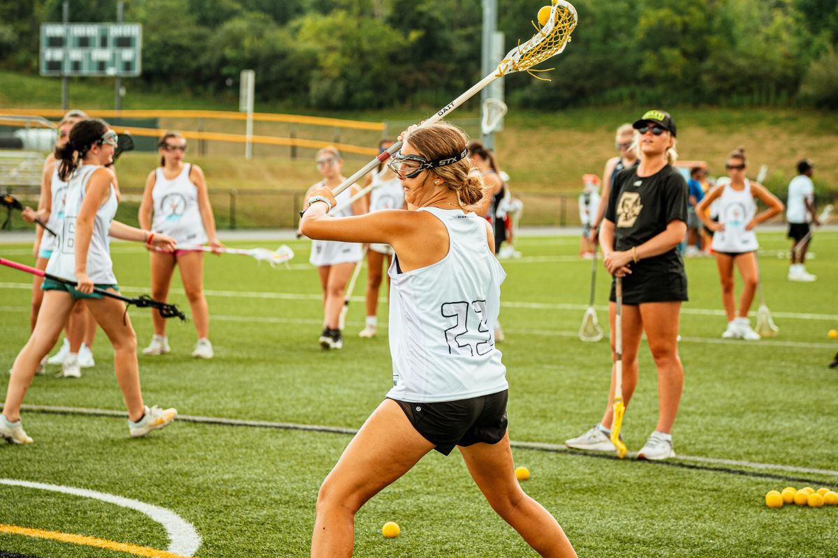 Girls at lacrosse camp during an instructional session