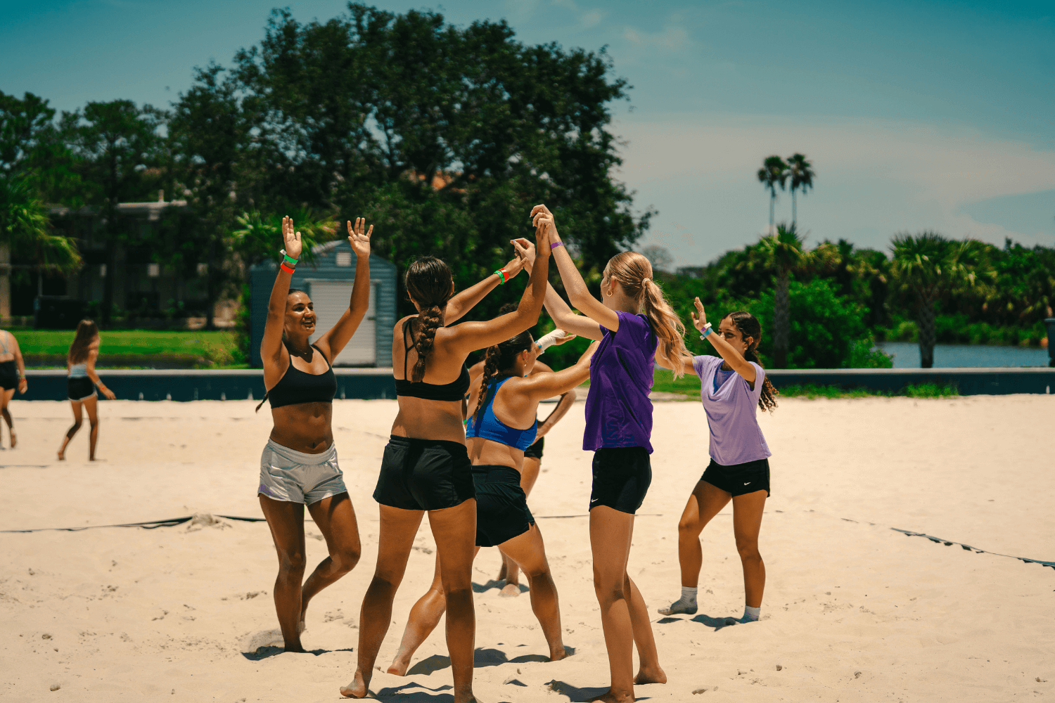 Group of girls high fiving after a volleyball game win
