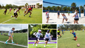 Overnight flag football, volleyball, soccer, lacrosse, and field hockey collage.